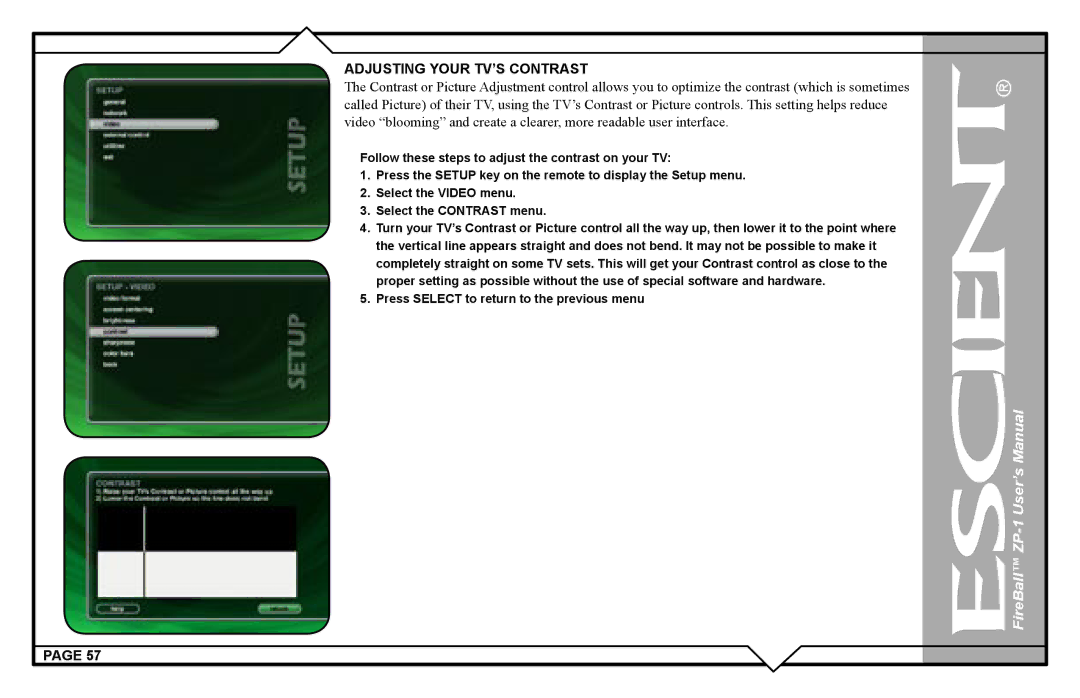 Escient ZP-'1 user manual Adjusting Your TV’S Contrast 