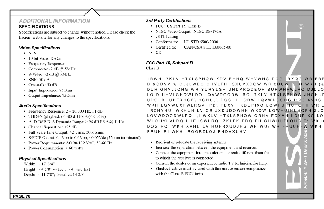 Escient ZP-'1 user manual Video Specifications, Ntsc 