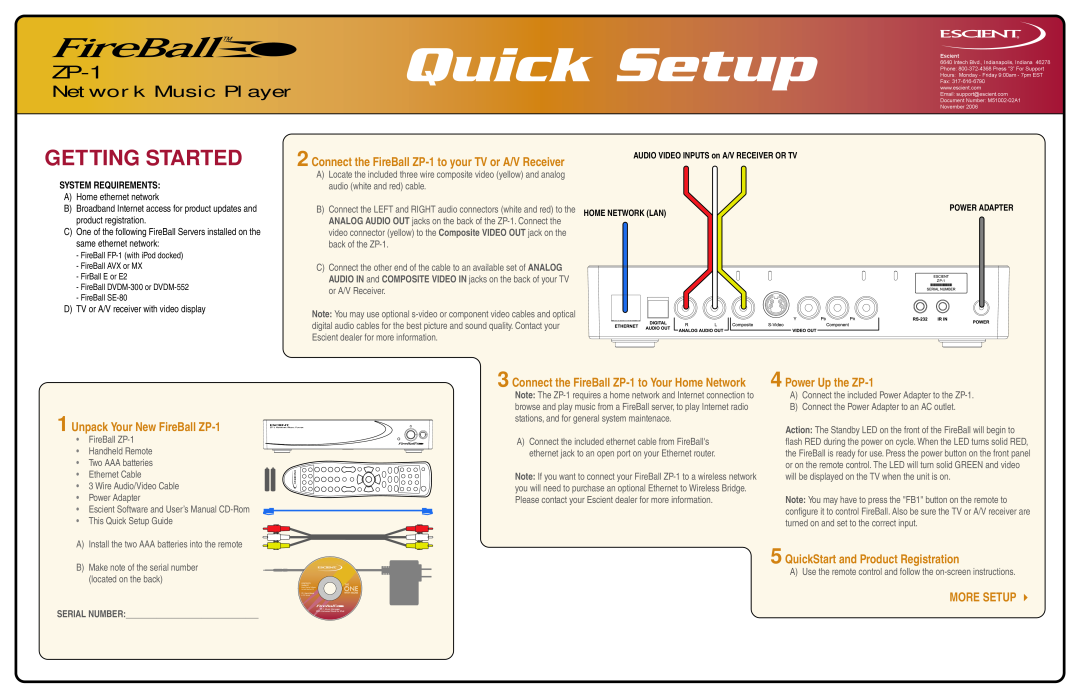 Escient user manual Quick Setup, Network Music Player, Unpack Your New FireBall ZP-1, Power Up the ZP-1, More Setup  