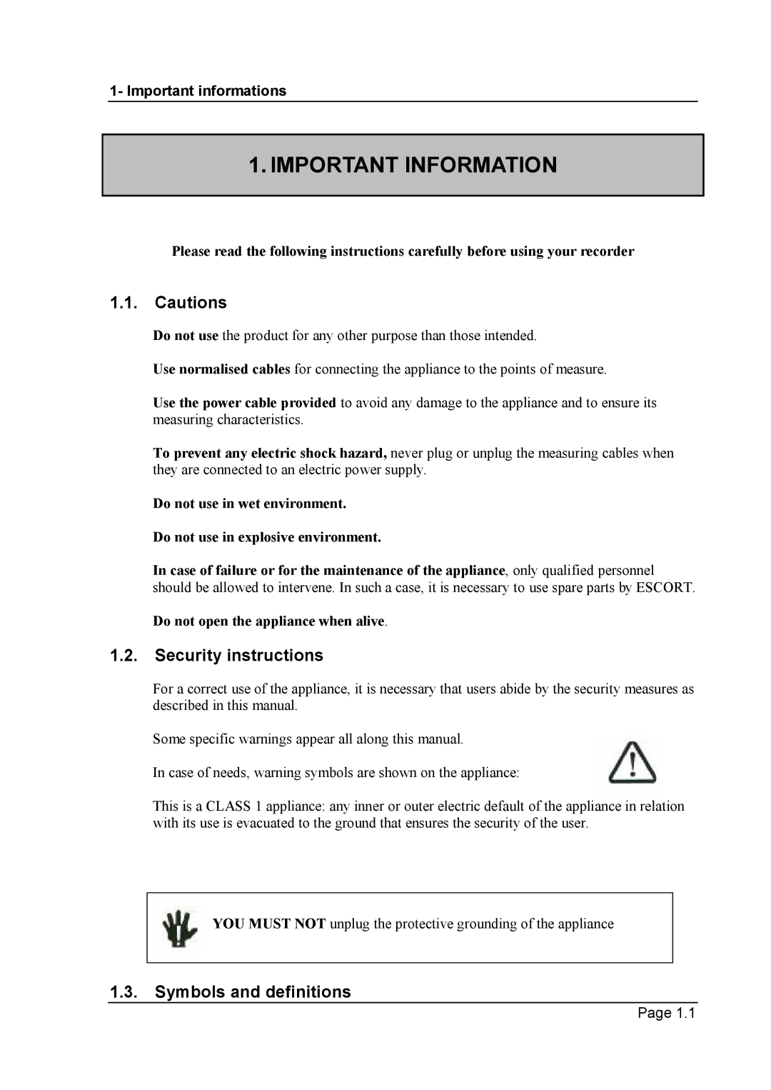 Escort 3016B, 3008B, 3004B Important Information, Security instructions, Symbols and definitions, Important informations 