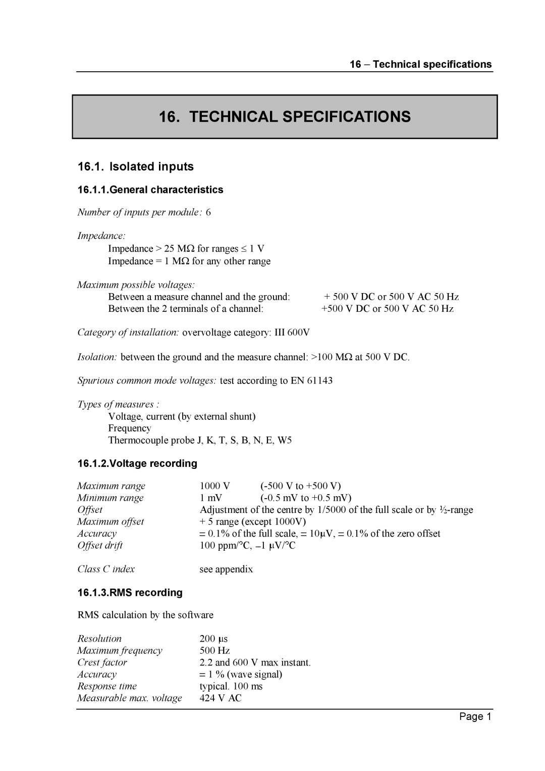 Escort 3016B, 3008B, 3004B user manual Technical Specifications, Isolated inputs 