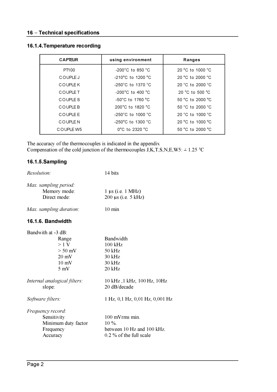 Escort 3008B, 3016B, 3004B user manual Technical specifications Temperature recording, Sampling, Bandwidth 