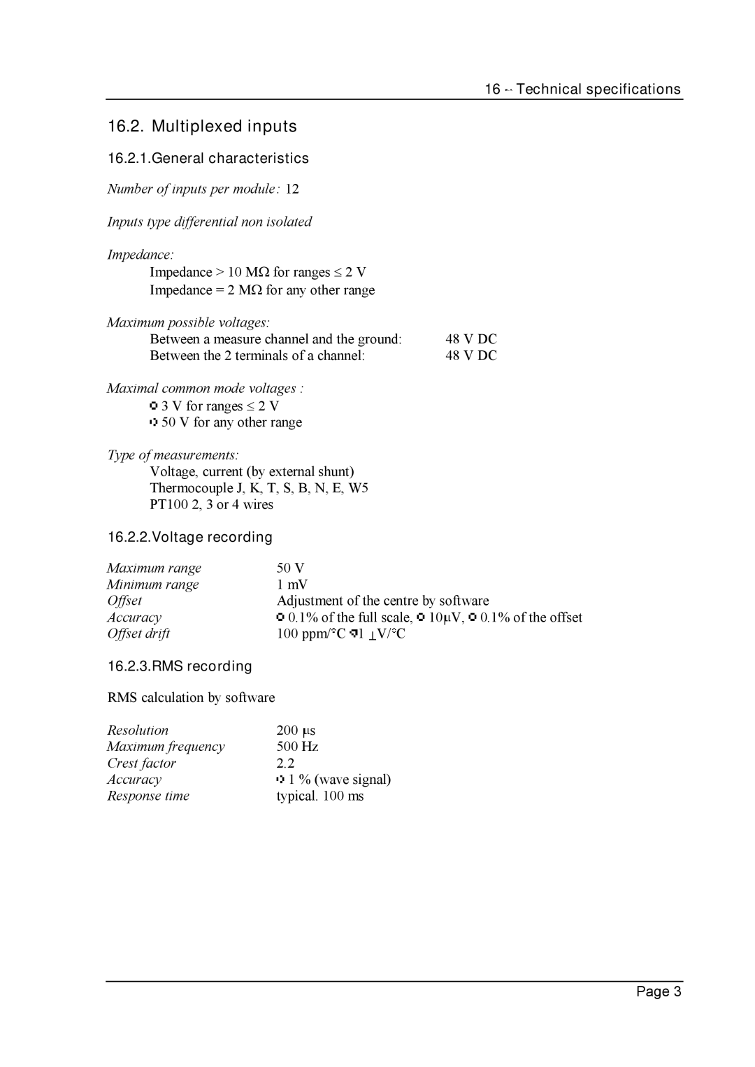 Escort 3004B, 3016B, 3008B user manual Multiplexed inputs, Type of measurements 