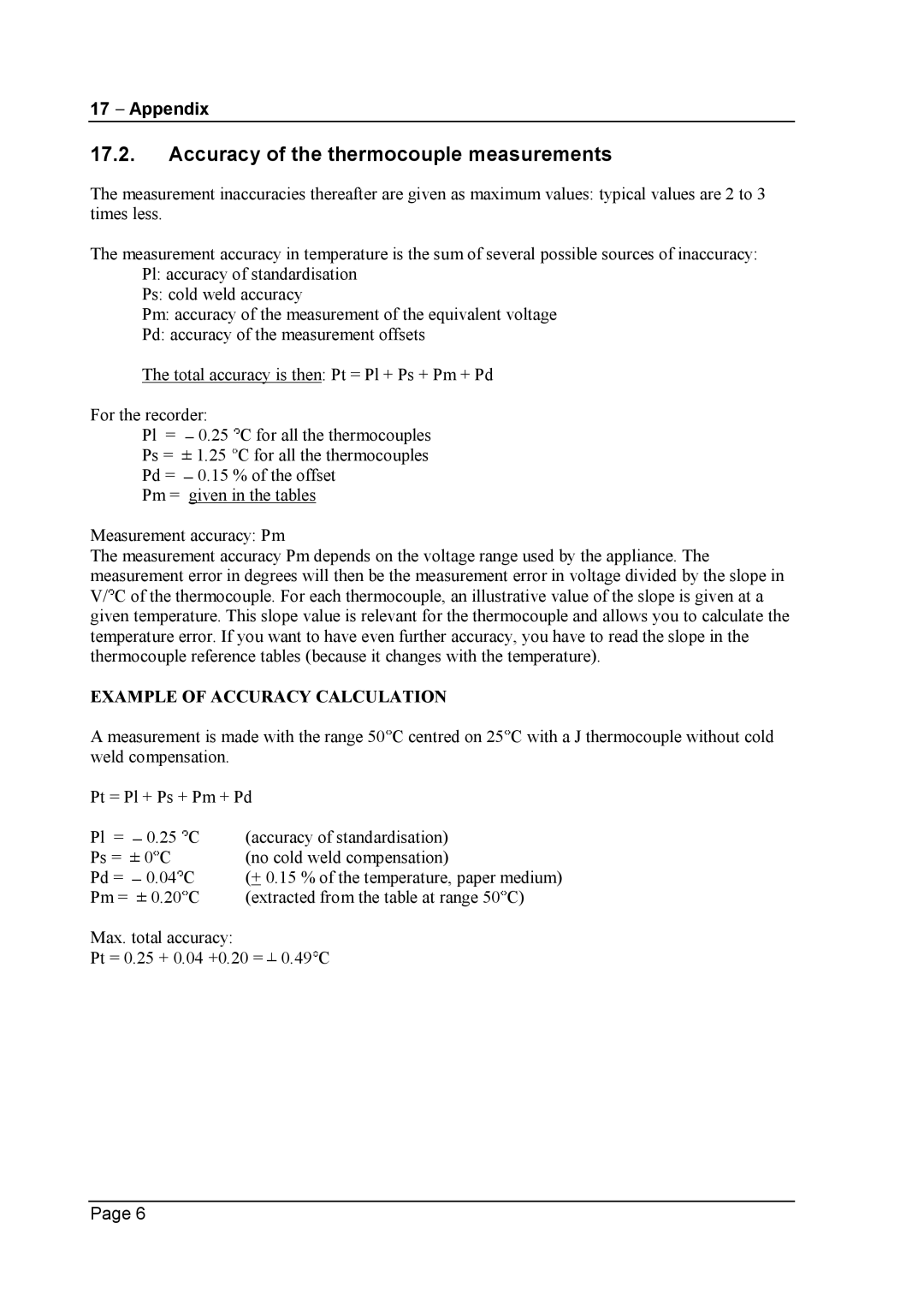 Escort 3016B, 3008B, 3004B user manual Accuracy of the thermocouple measurements, Example of Accuracy Calculation 