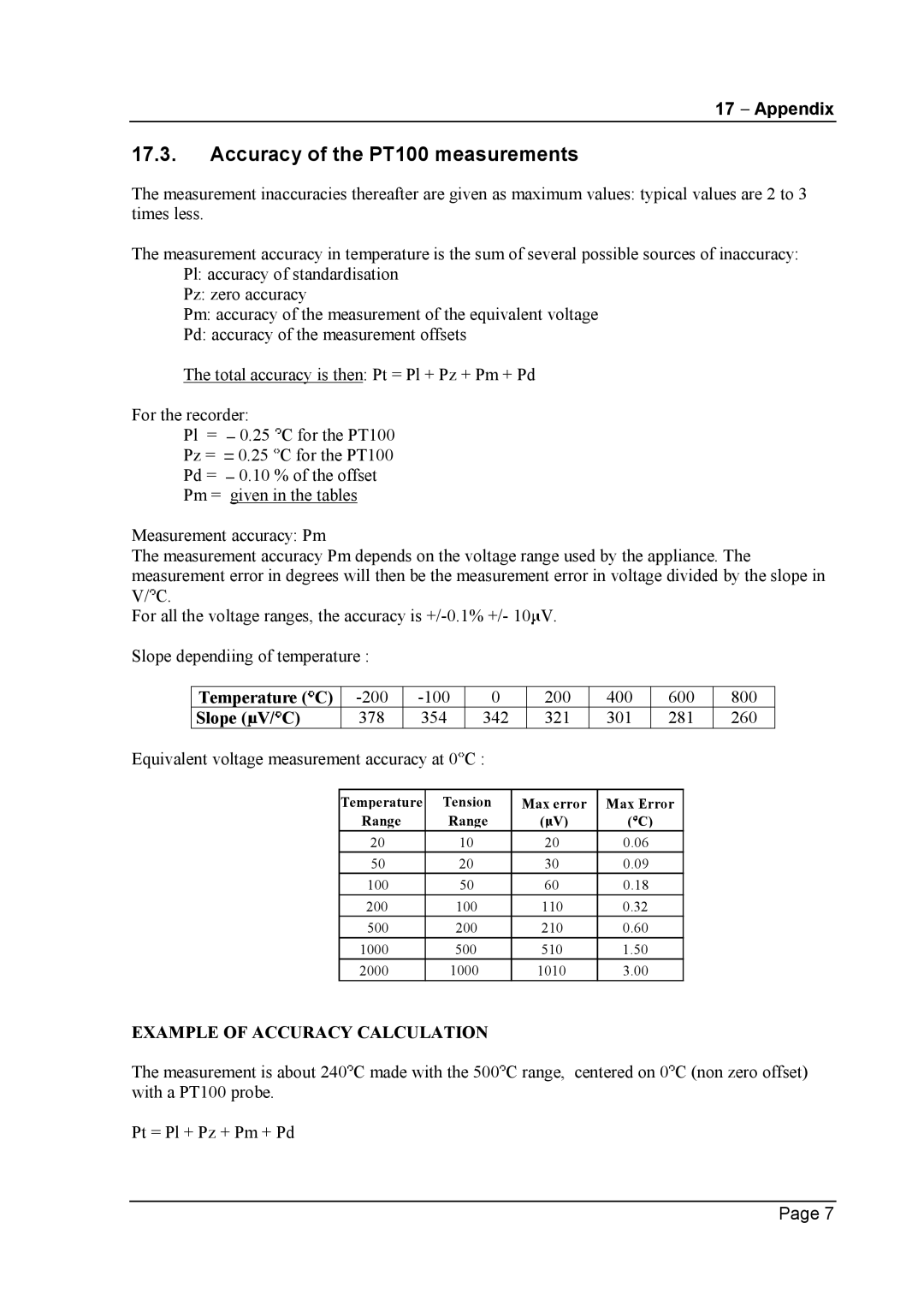 Escort 3008B, 3016B, 3004B user manual Accuracy of the PT100 measurements, Temperature C, Slope V/ C 