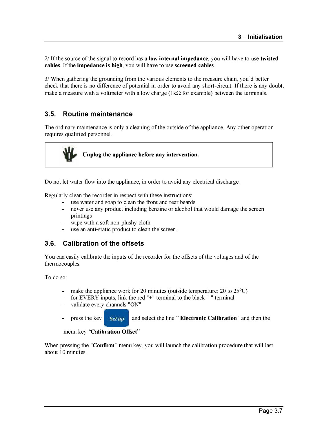 Escort 3016B, 3008B, 3004B Routine maintenance, Calibration of the offsets, Unplug the appliance before any intervention 