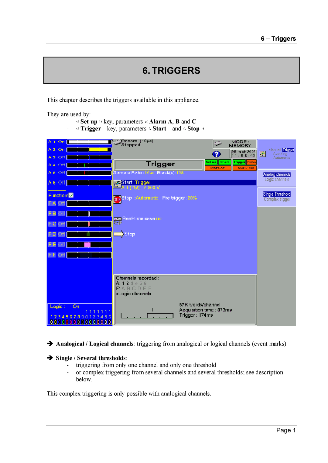 Escort 3008B, 3016B, 3004B user manual Triggers, Trigger key, parameters Start and Stop, Single / Several thresholds 