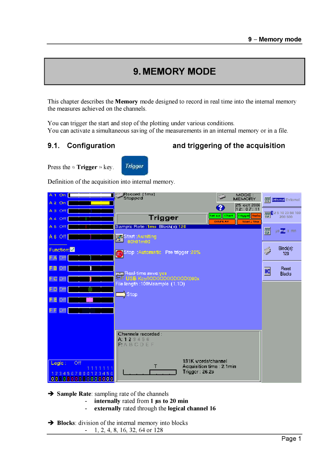 Escort 3004B, 3016B, 3008B user manual Memory Mode, Configuration Triggering of the acquisition, Memory mode 