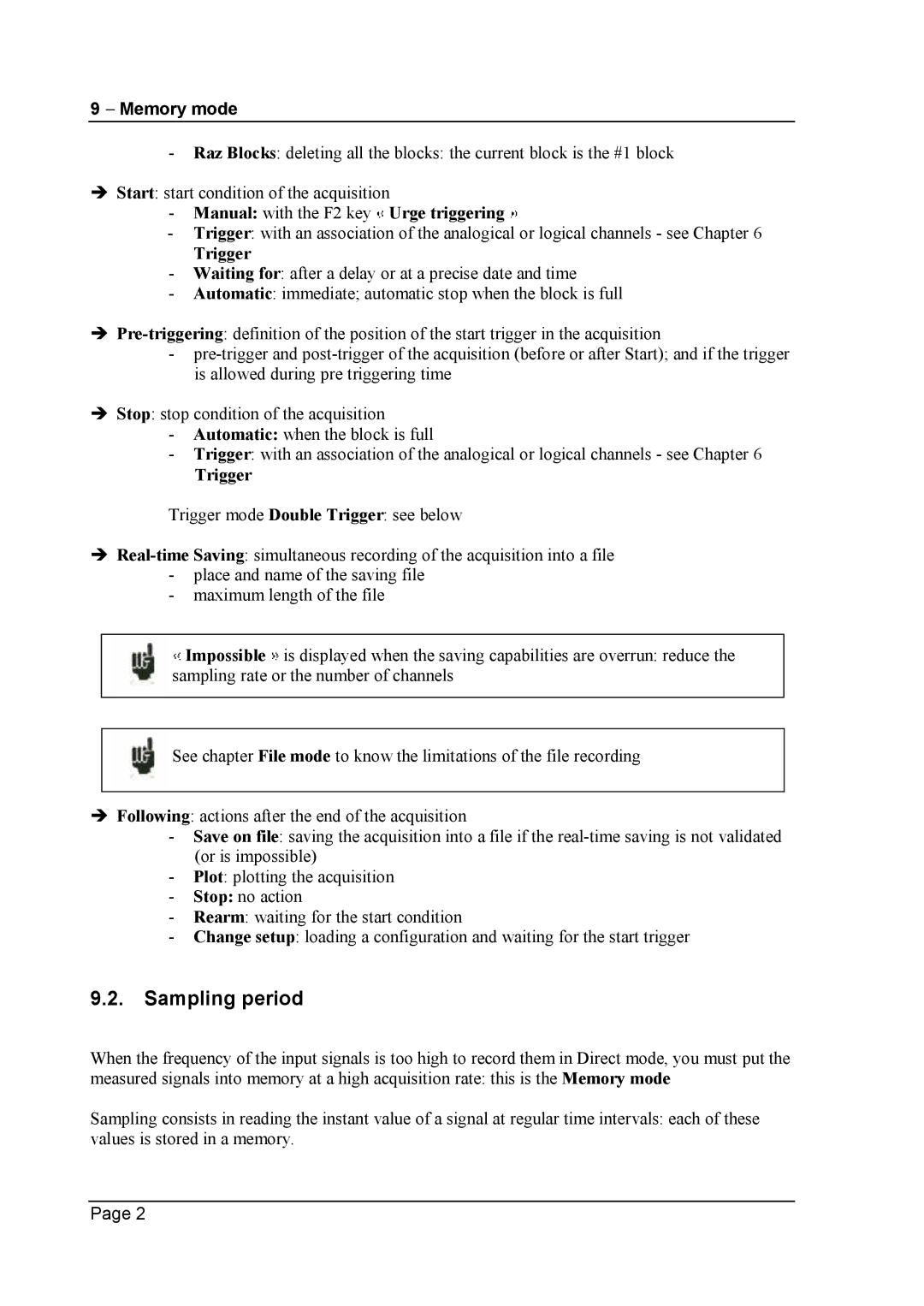 Escort 3016B, 3008B, 3004B user manual Sampling period, Manual with the F2 key Urge triggering, Trigger 