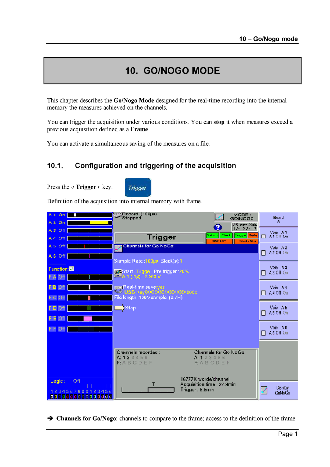 Escort 3008B, 3016B, 3004B user manual 10. GO/NOGO Mode, Configuration and triggering of the acquisition, 10 Go/Nogo mode 