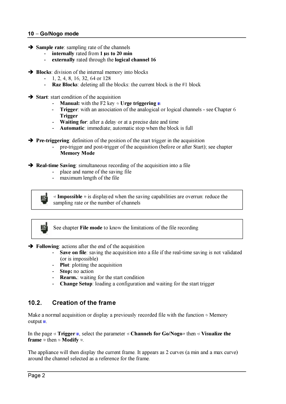 Escort 3004B, 3016B, 3008B user manual Creation of the frame, Memory Mode 