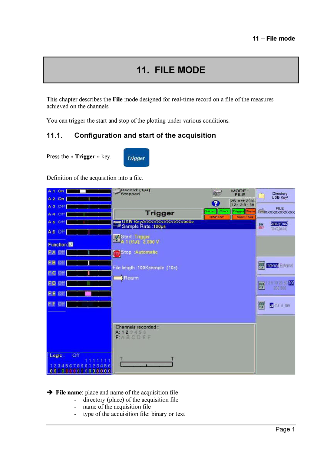 Escort 3004B, 3016B, 3008B user manual File Mode, Configuration and start of the acquisition, File mode 