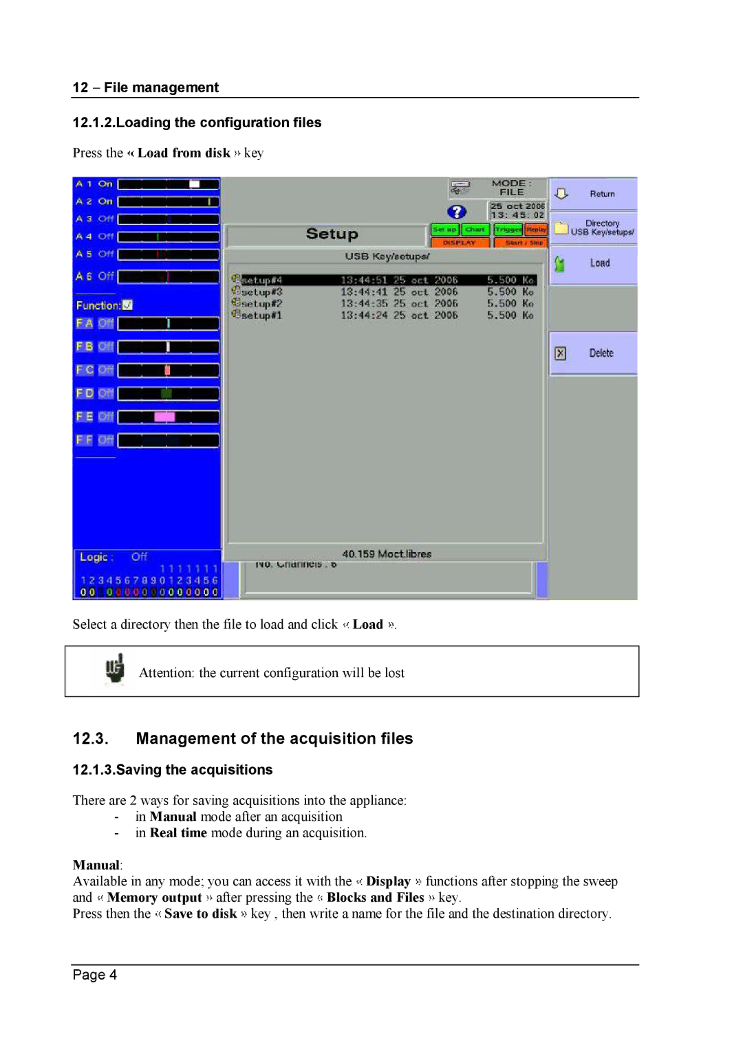 Escort 3004B Management of the acquisition files, File management Loading the configuration files, Saving the acquisitions 