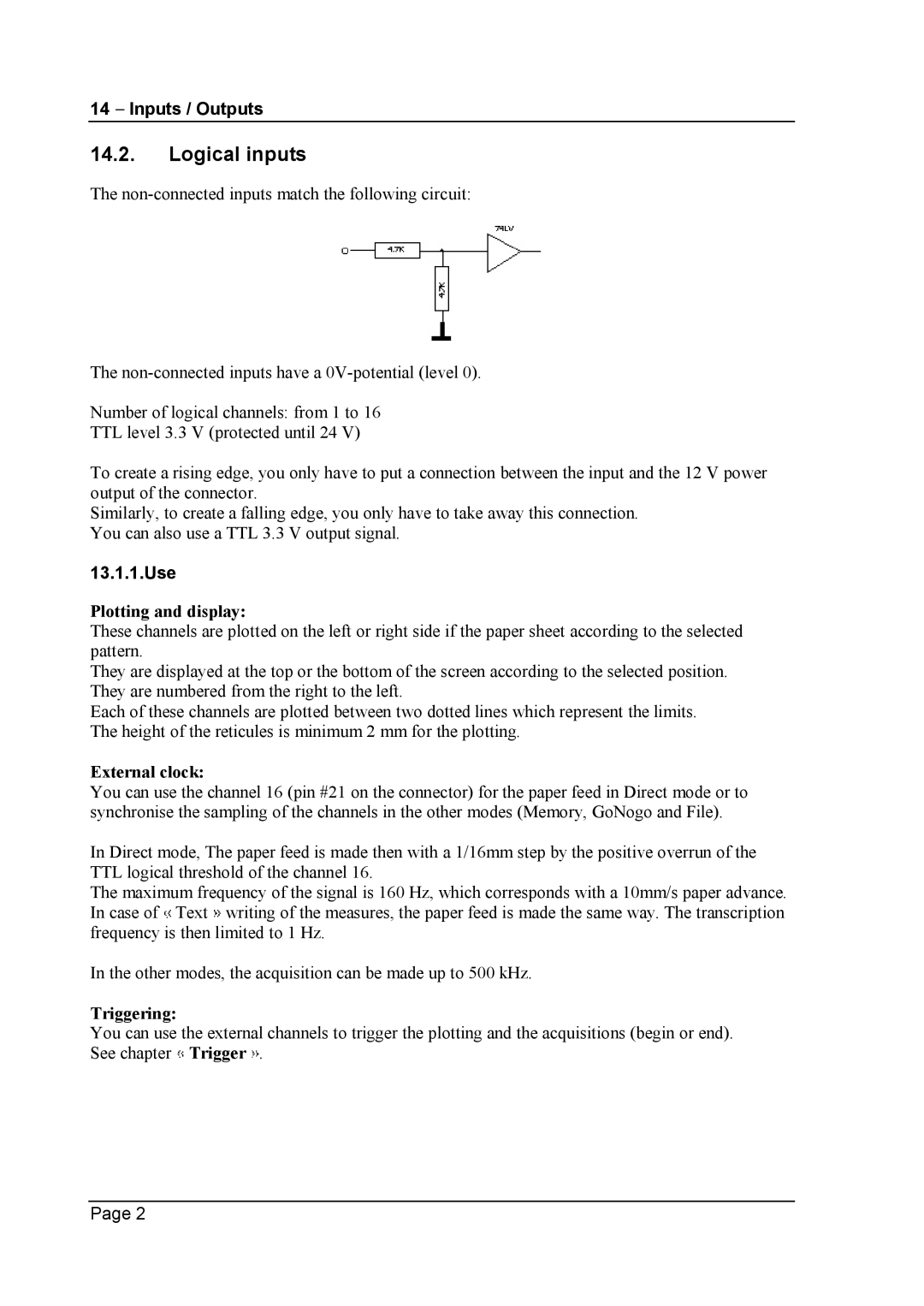 Escort 3004B, 3016B, 3008B user manual Logical inputs, 13.1.1.Use, Plotting and display, External clock, Triggering 