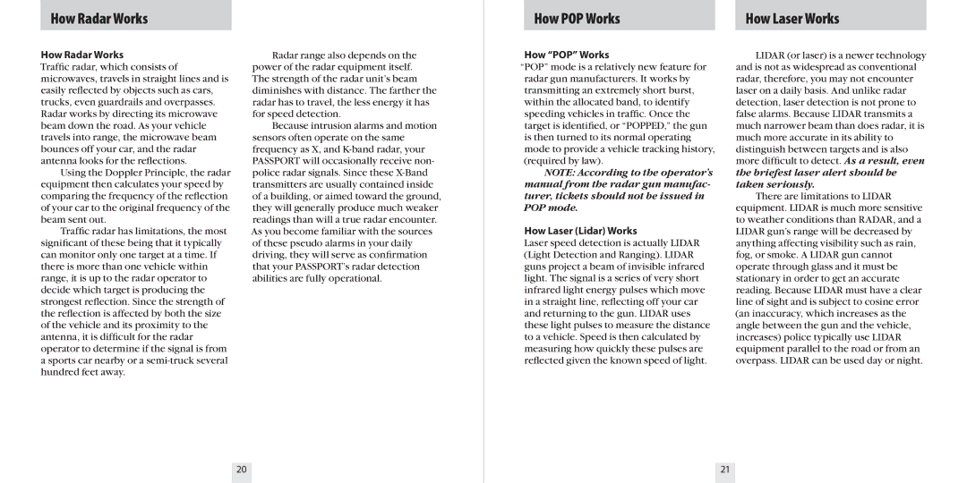 Escort 9500CI specifications How Radar Works How POP Works, How Laser Works, How Laser Lidar Works 