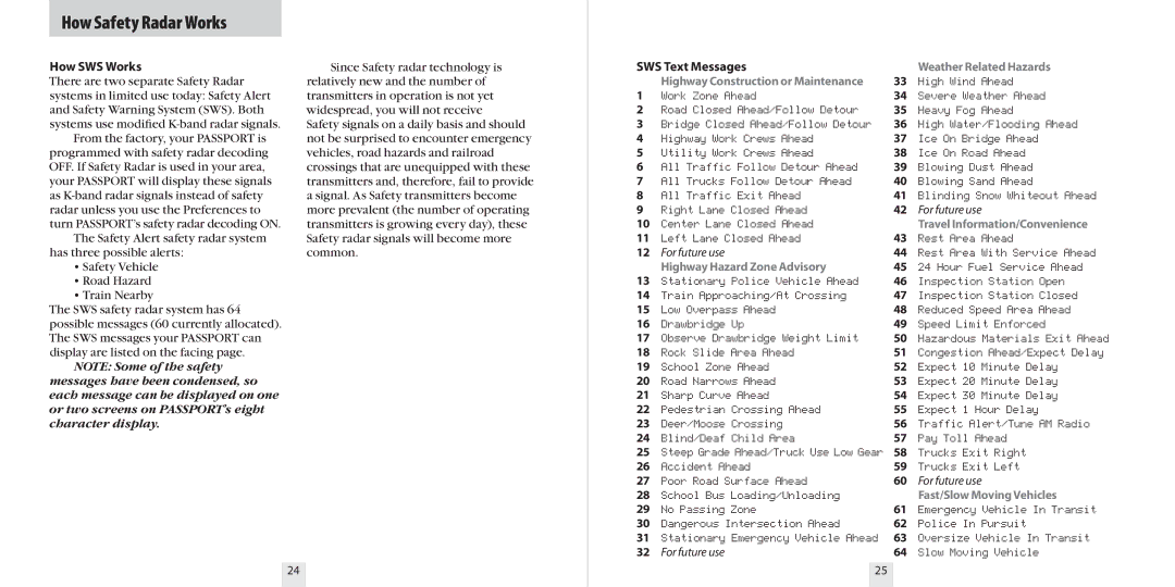 Escort 9500CI specifications How Safety Radar Works, How SWS Works, SWS Text Messages 