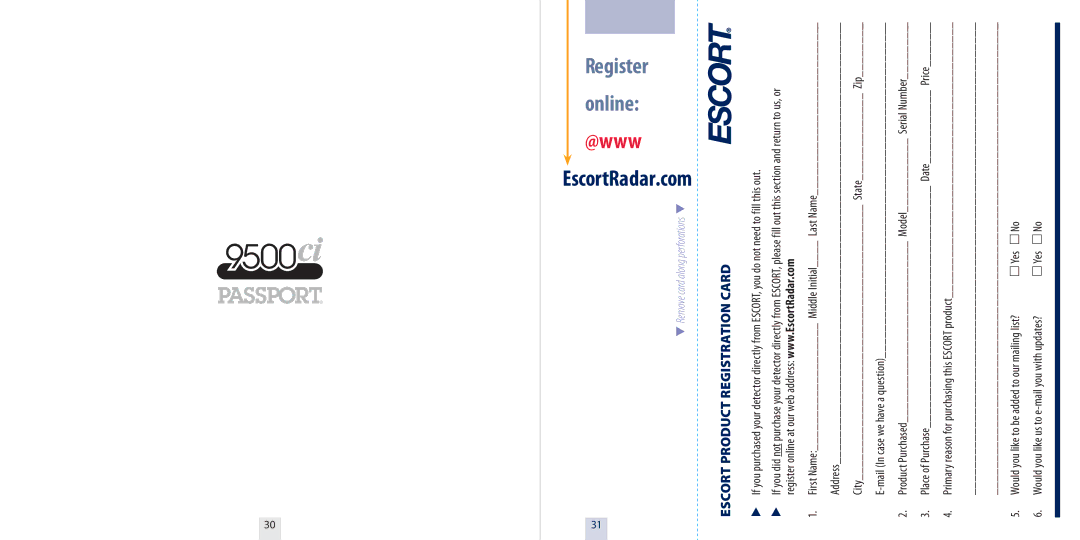 Escort 9500CI specifications Escort Product Registration Card 