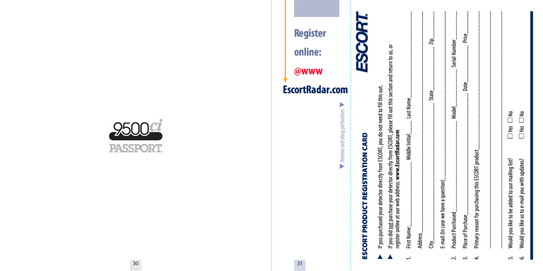 Escort 9500CI specifications Escort Product Registration Card, Register online @www EscortRadar.com 
