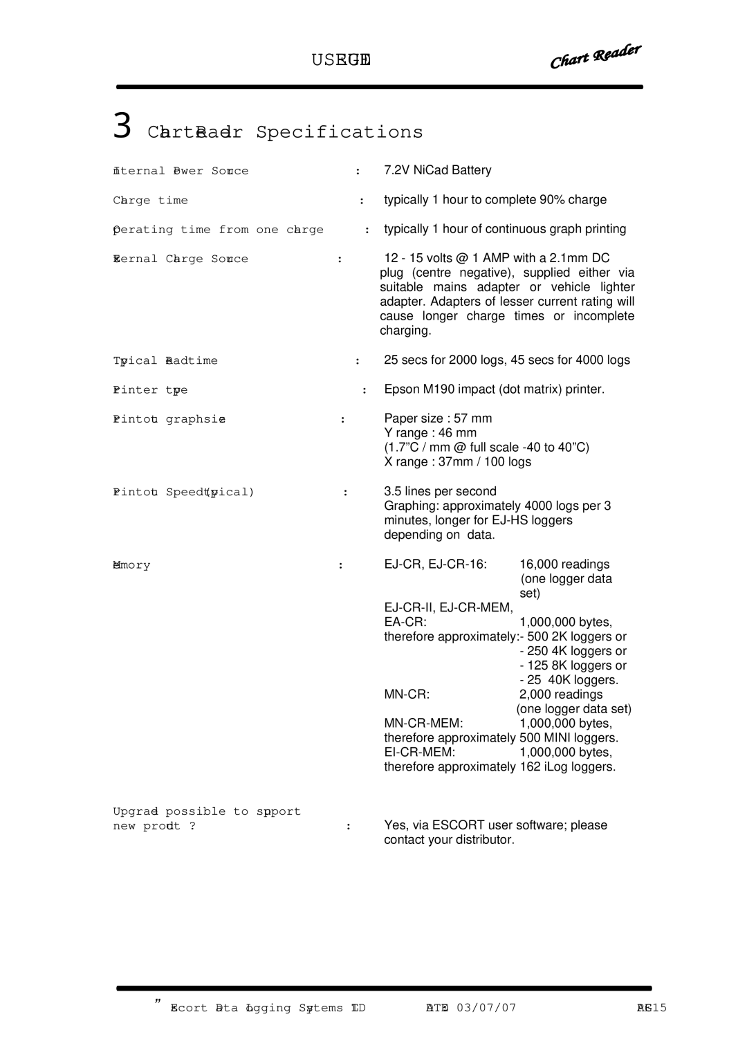 Escort EJ-CR-MEM, EJ-CR-II, EI-CR-MEM, EA-CR, MN-CR-MEM user manual  ChartReader Specifications 