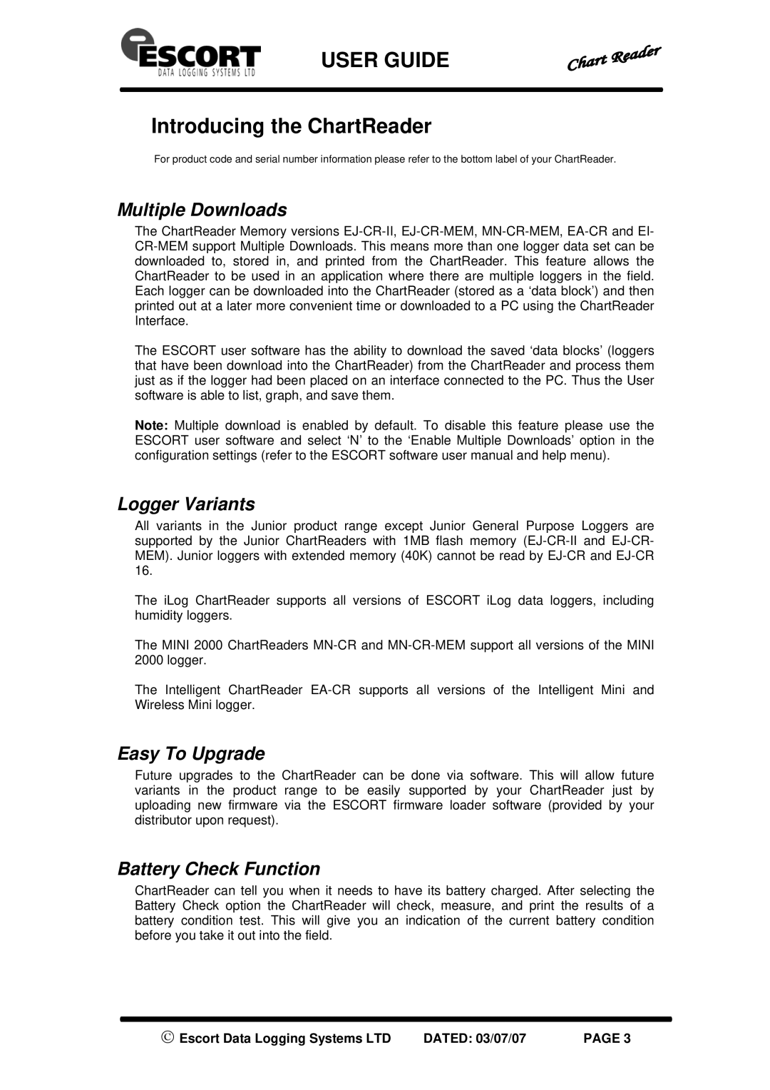 Escort EA-CR Introducing the ChartReader, Multiple Downloads, Logger Variants, Easy To Upgrade, Battery Check Function 