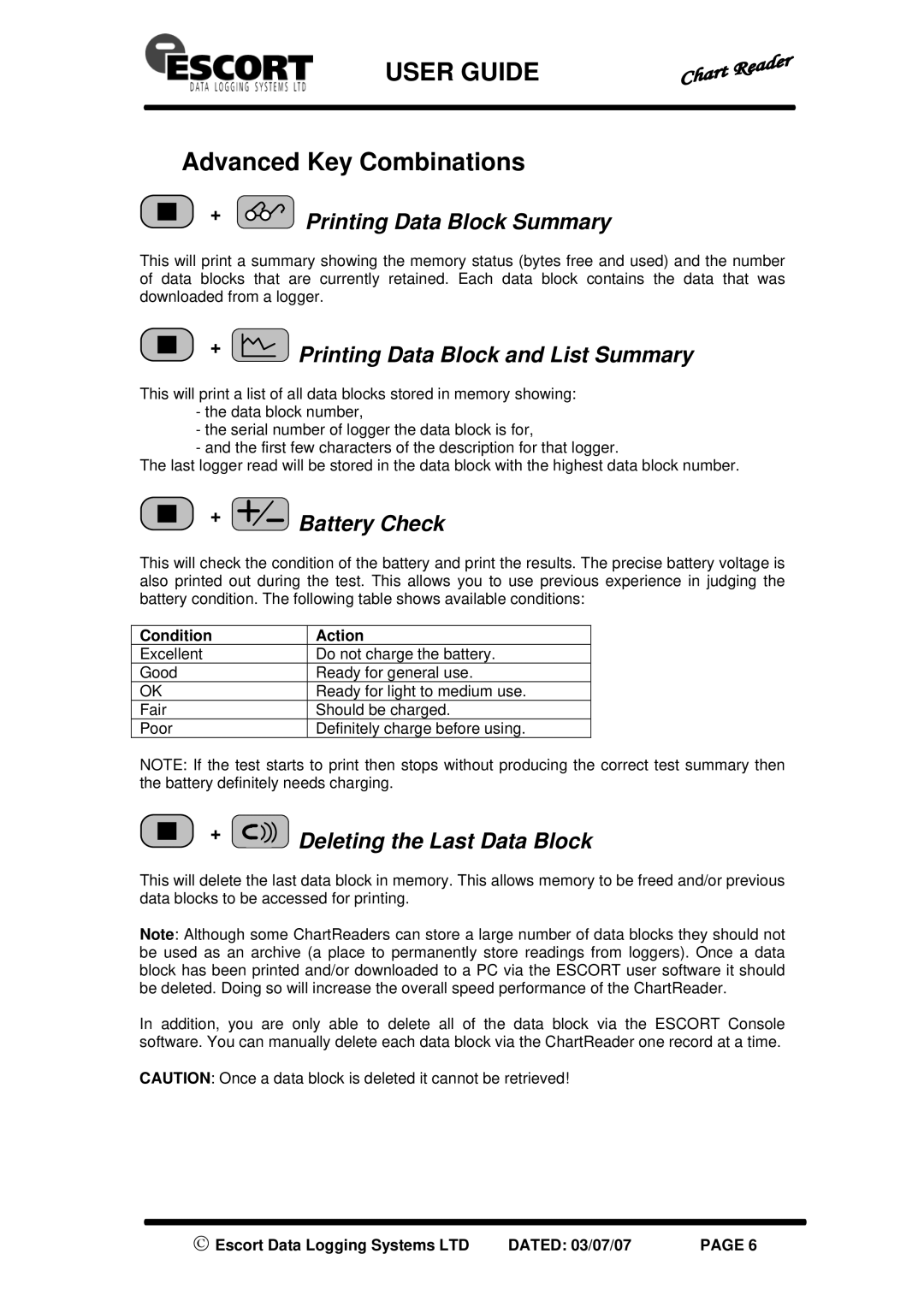 Escort EJ-CR-II, EA-CR Advanced Key Combinations, + Printing Data Block Summary, + Printing Data Block and List Summary 