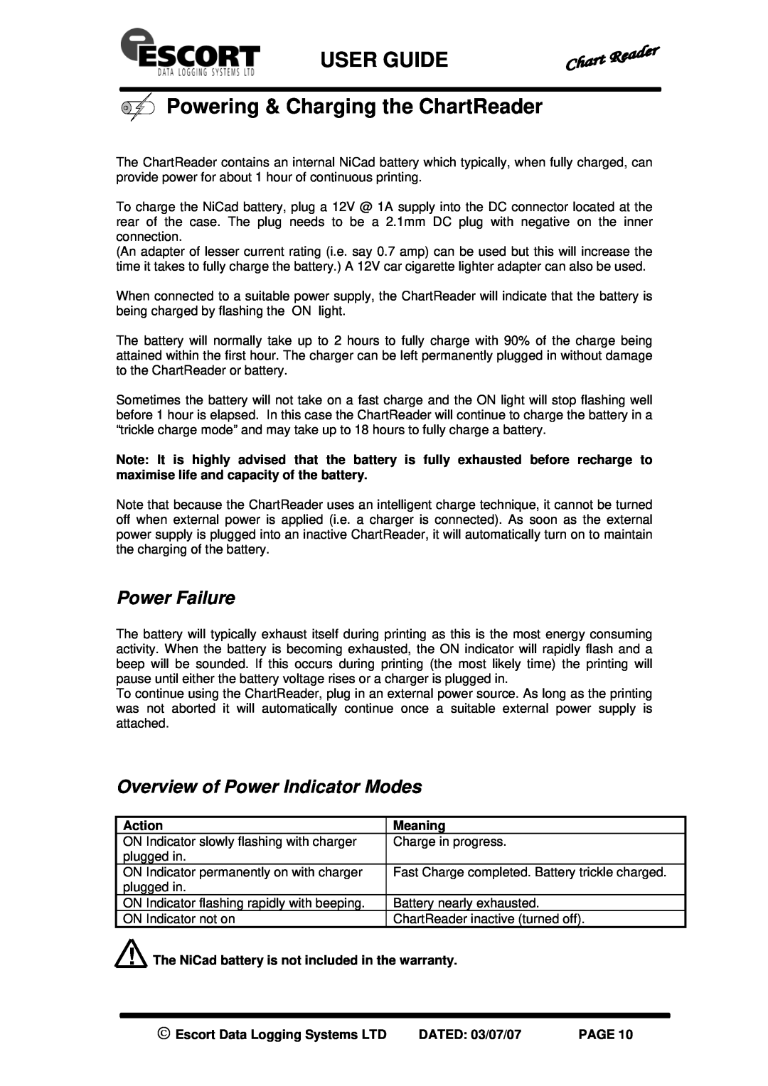 Escort EJ-CR-MEM USER GUIDE Powering & Charging the ChartReader, Power Failure, Overview of Power Indicator Modes, Meaning 