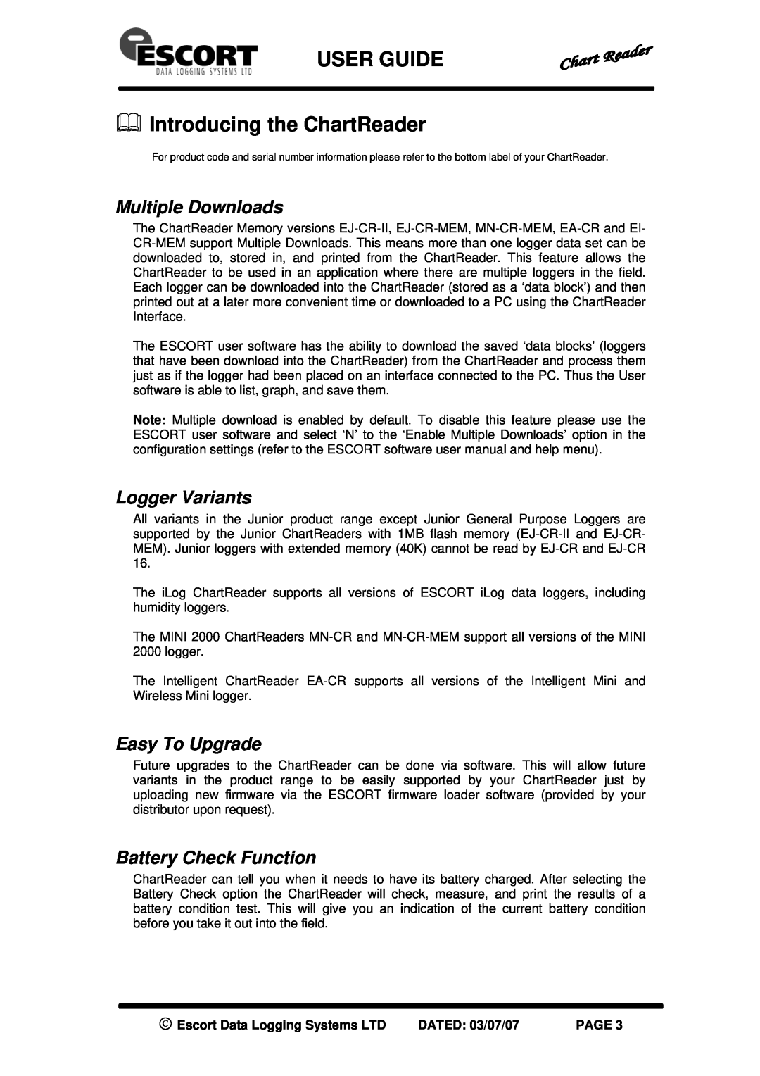 Escort EA-CR USER GUIDE Introducing the ChartReader, Multiple Downloads, Logger Variants, Easy To Upgrade, DATED 03/07/07 