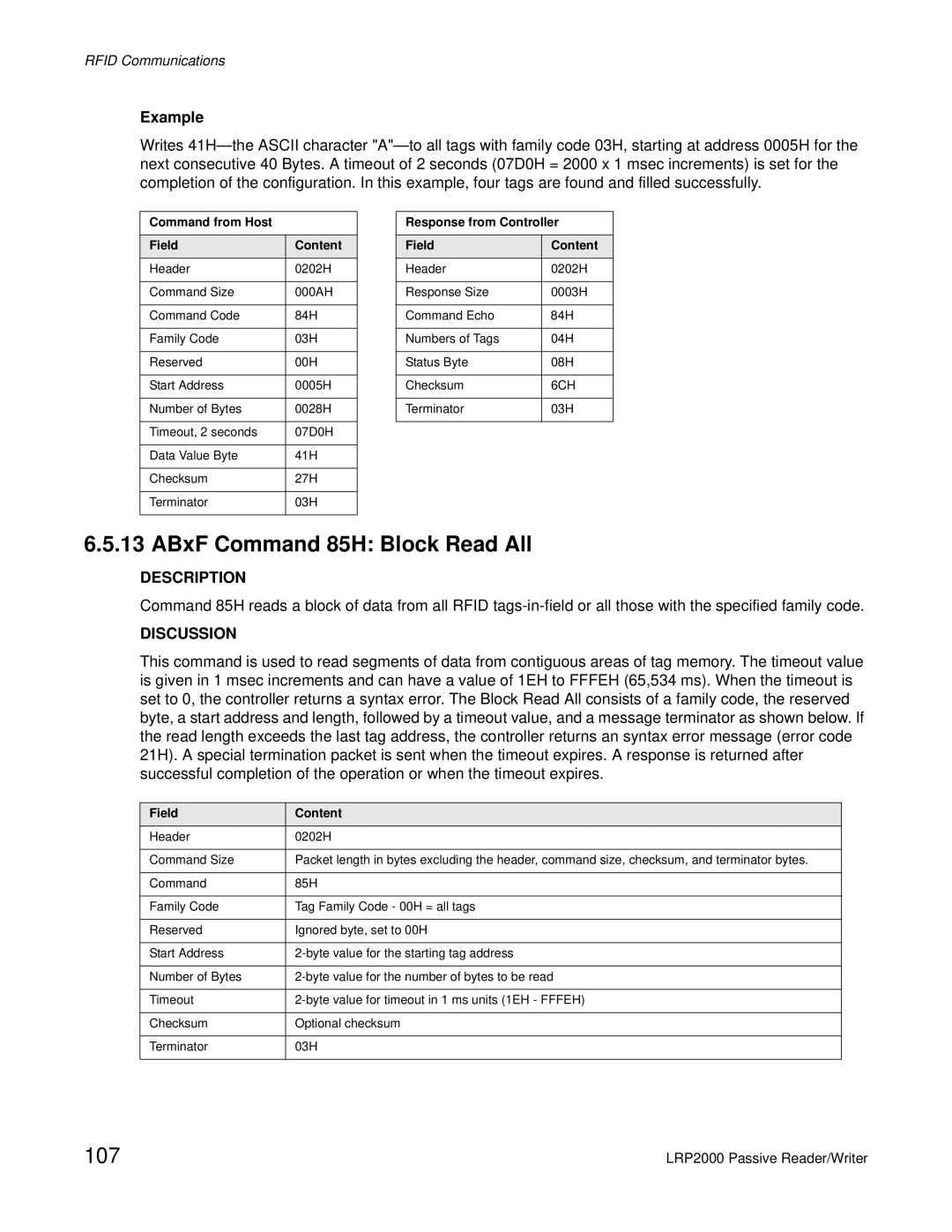 Escort LRP2000 manual ABxF Command 85H Block Read All, 107 