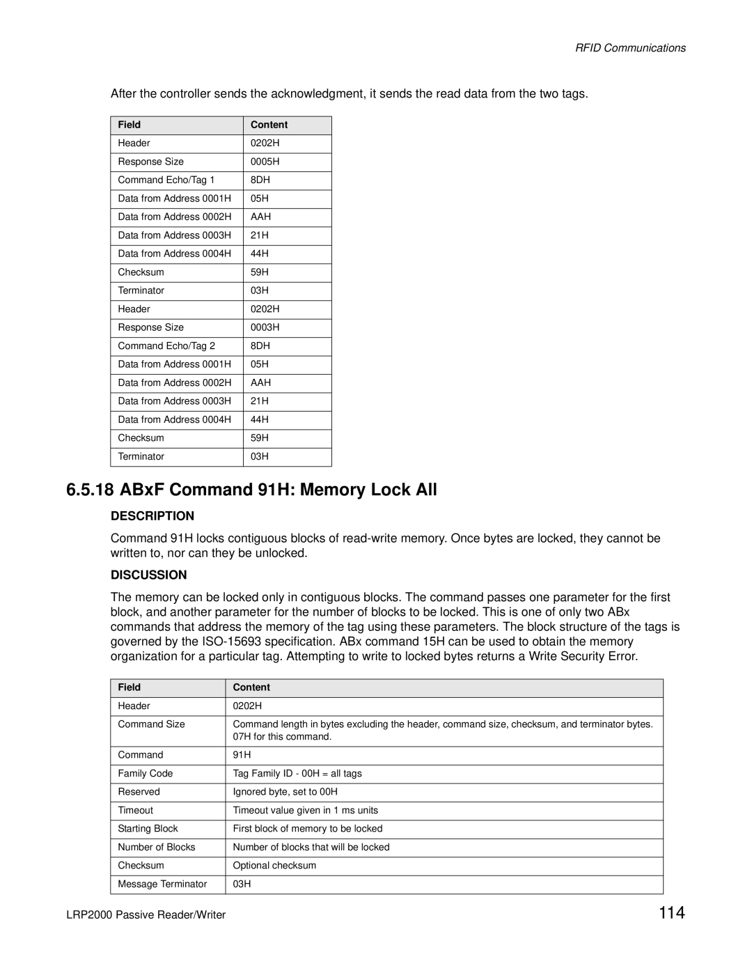 Escort LRP2000 manual ABxF Command 91H Memory Lock All, 114 