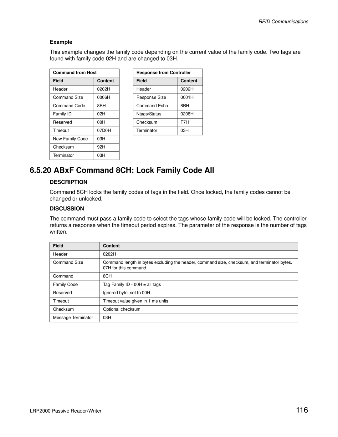 Escort LRP2000 manual ABxF Command 8CH Lock Family Code All, F7H 