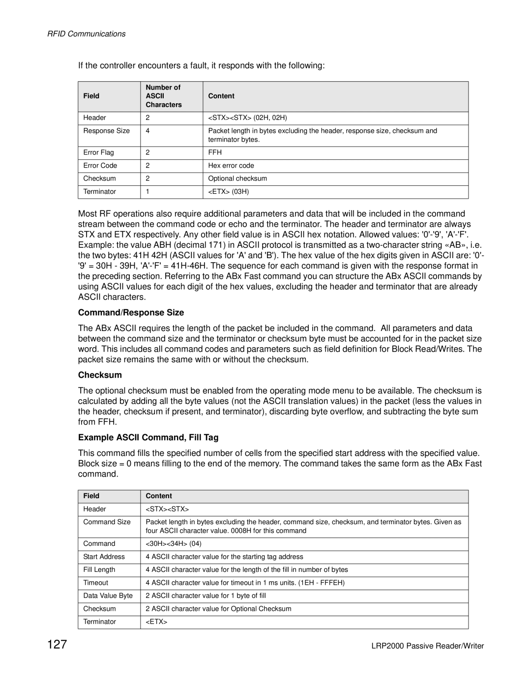 Escort LRP2000 manual 127, Command/Response Size, Example Ascii Command, Fill Tag 