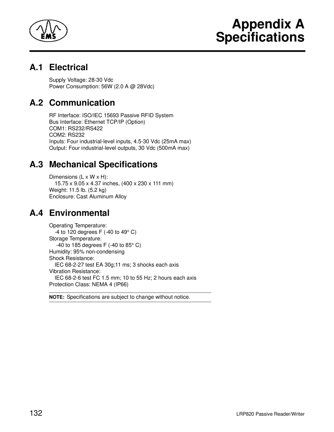 Escort LRP2000 manual Electrical, Communication, Mechanical Specifications, Environmental, 132 