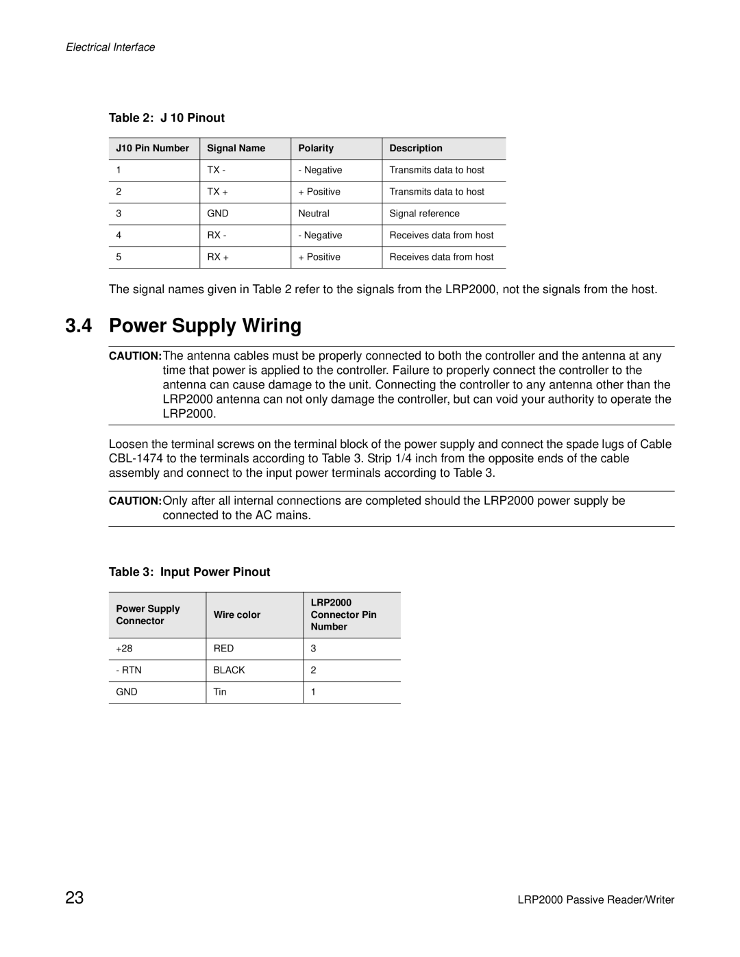 Escort LRP2000 manual Power Supply Wiring, Input Power Pinout, J10 Pin Number Signal Name Polarity Description 