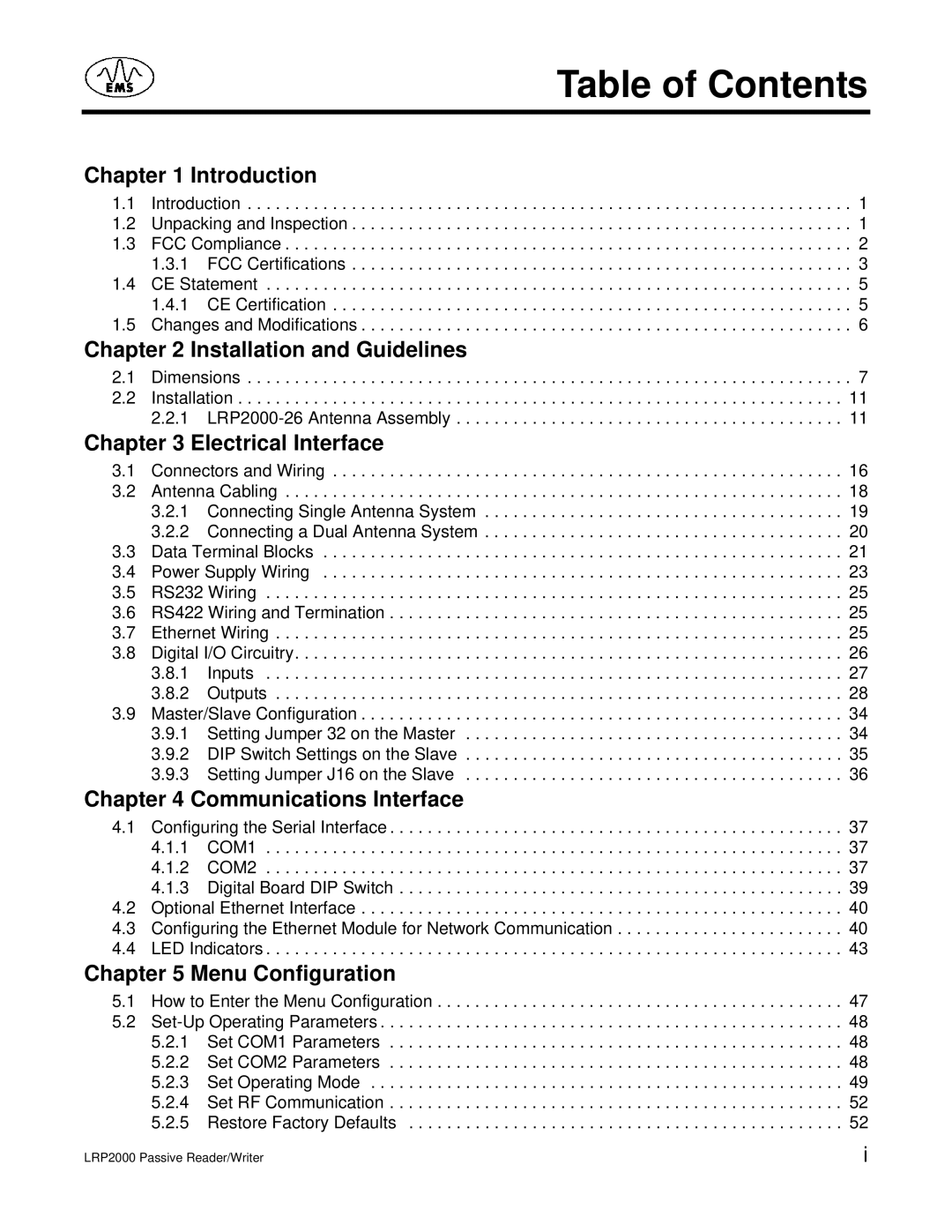 Escort LRP2000 manual Table of Contents 