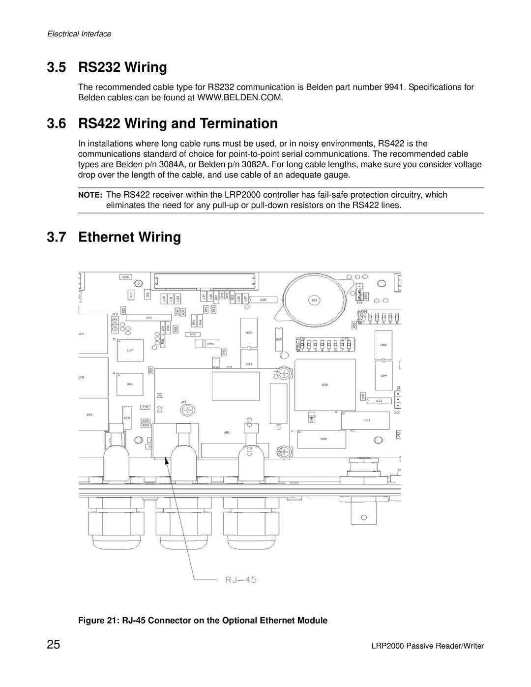 Escort LRP2000 manual RS232 Wiring RS422 Wiring and Termination, Ethernet Wiring 