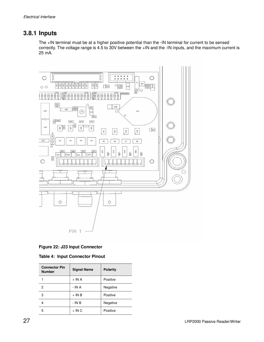 Escort LRP2000 manual Inputs, Connector Pin Signal Name Polarity Number 