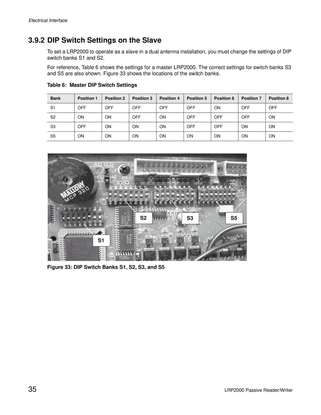 Escort LRP2000 manual DIP Switch Settings on the Slave, Master DIP Switch Settings, Bank Position, Off 