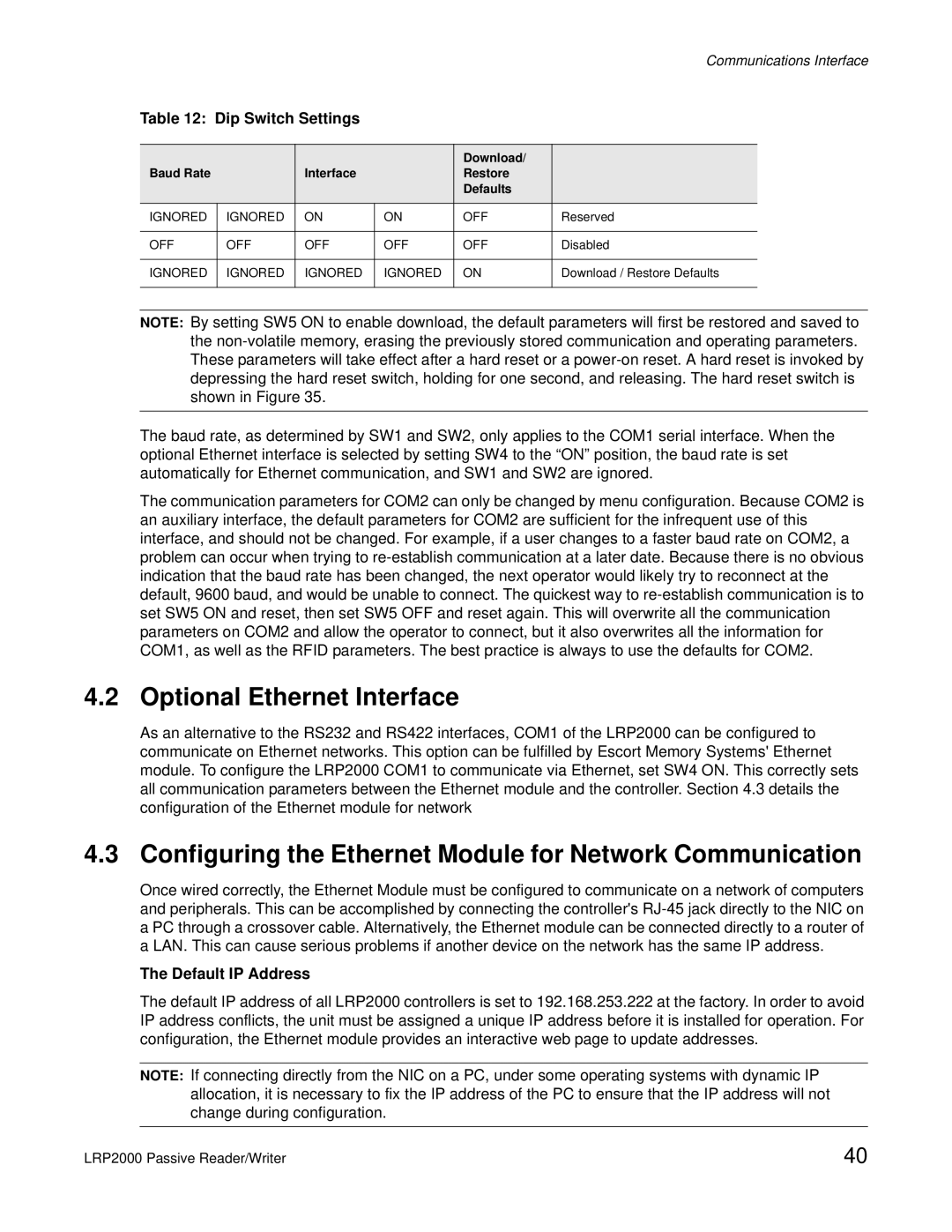 Escort LRP2000 Optional Ethernet Interface, Configuring the Ethernet Module for Network Communication, Default IP Address 