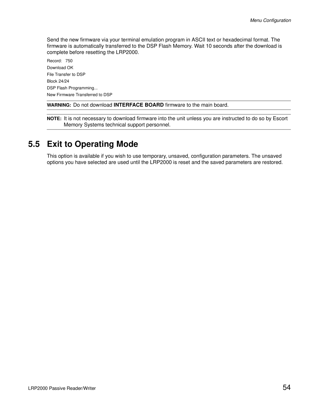 Escort LRP2000 manual Exit to Operating Mode 