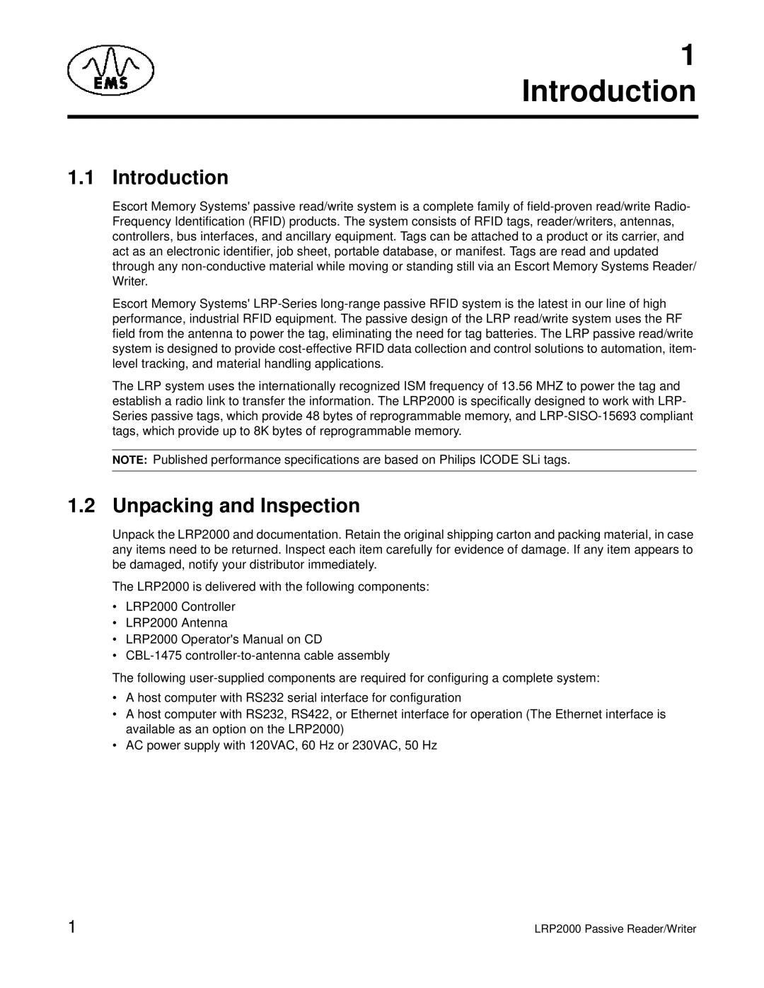 Escort LRP2000 manual Introduction, Unpacking and Inspection 