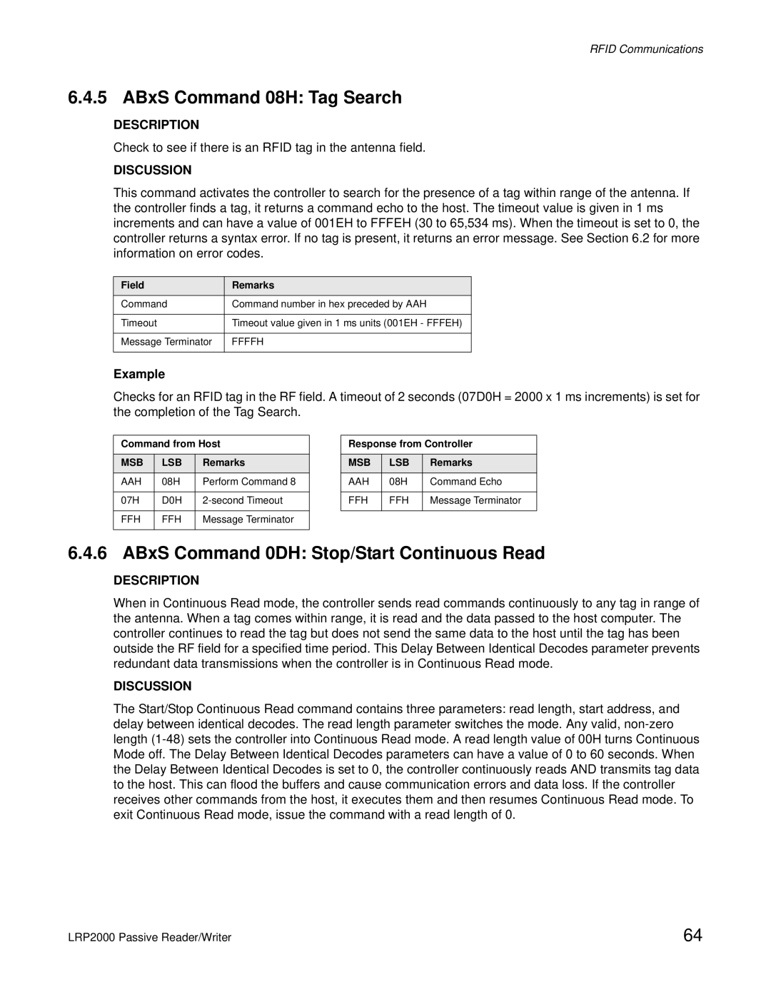 Escort LRP2000 manual ABxS Command 08H Tag Search, ABxS Command 0DH Stop/Start Continuous Read 