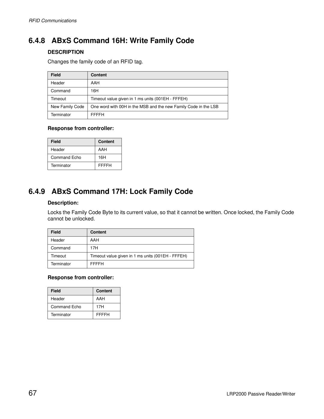 Escort LRP2000 manual ABxS Command 16H Write Family Code, ABxS Command 17H Lock Family Code, Description 