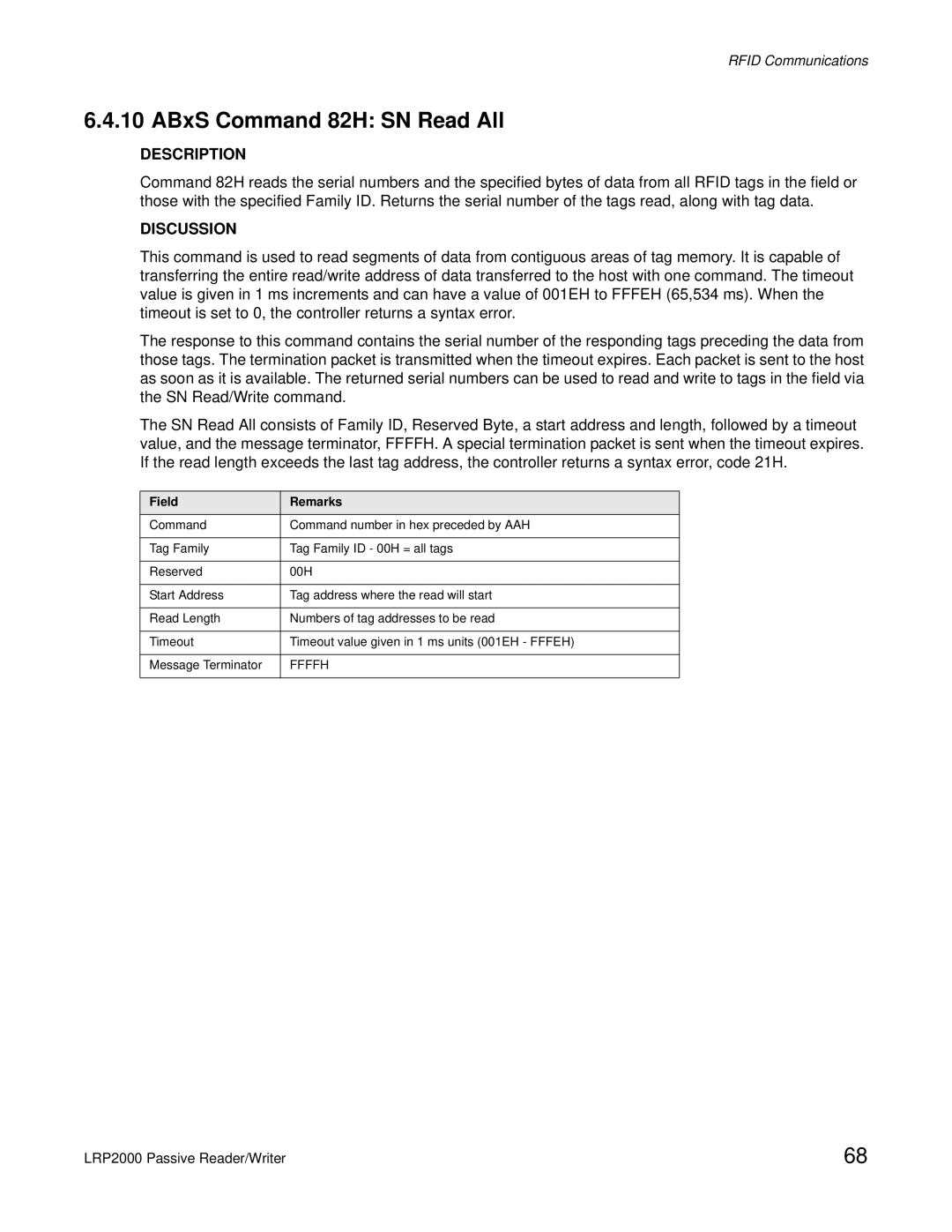 Escort LRP2000 manual ABxS Command 82H SN Read All, Field Remarks 