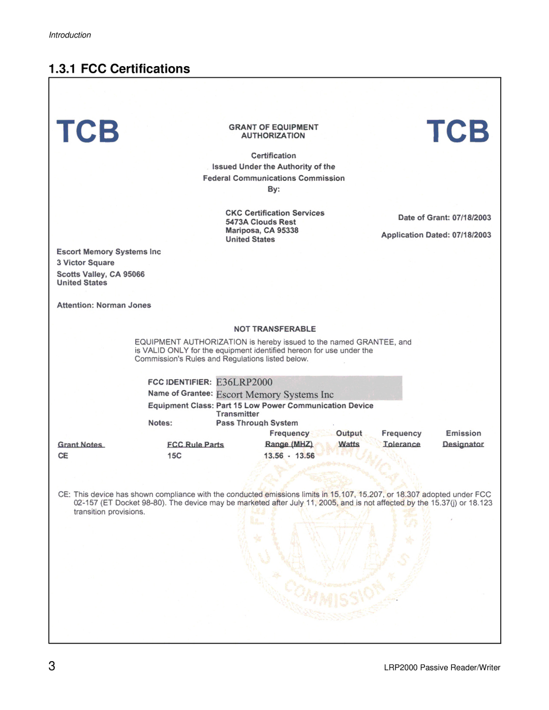 Escort LRP2000 manual FCC Certifications 