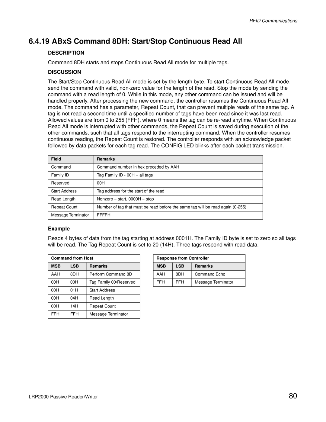 Escort LRP2000 manual ABxS Command 8DH Start/Stop Continuous Read All, AAH 8DH 