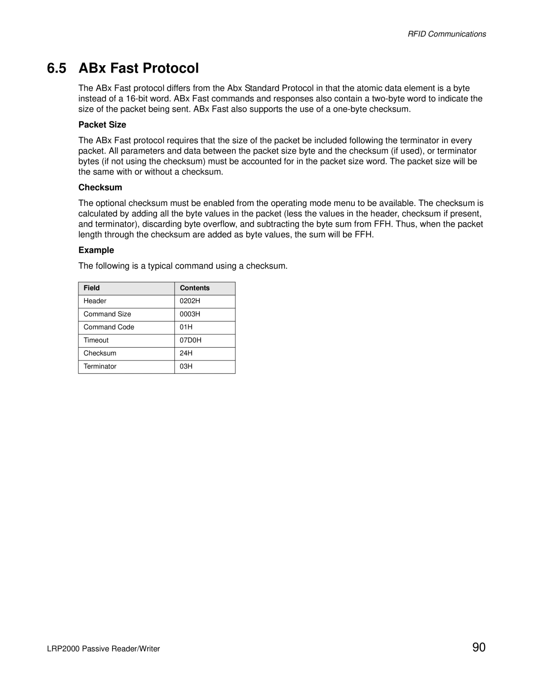 Escort LRP2000 manual ABx Fast Protocol, Packet Size, Checksum, Field Contents 