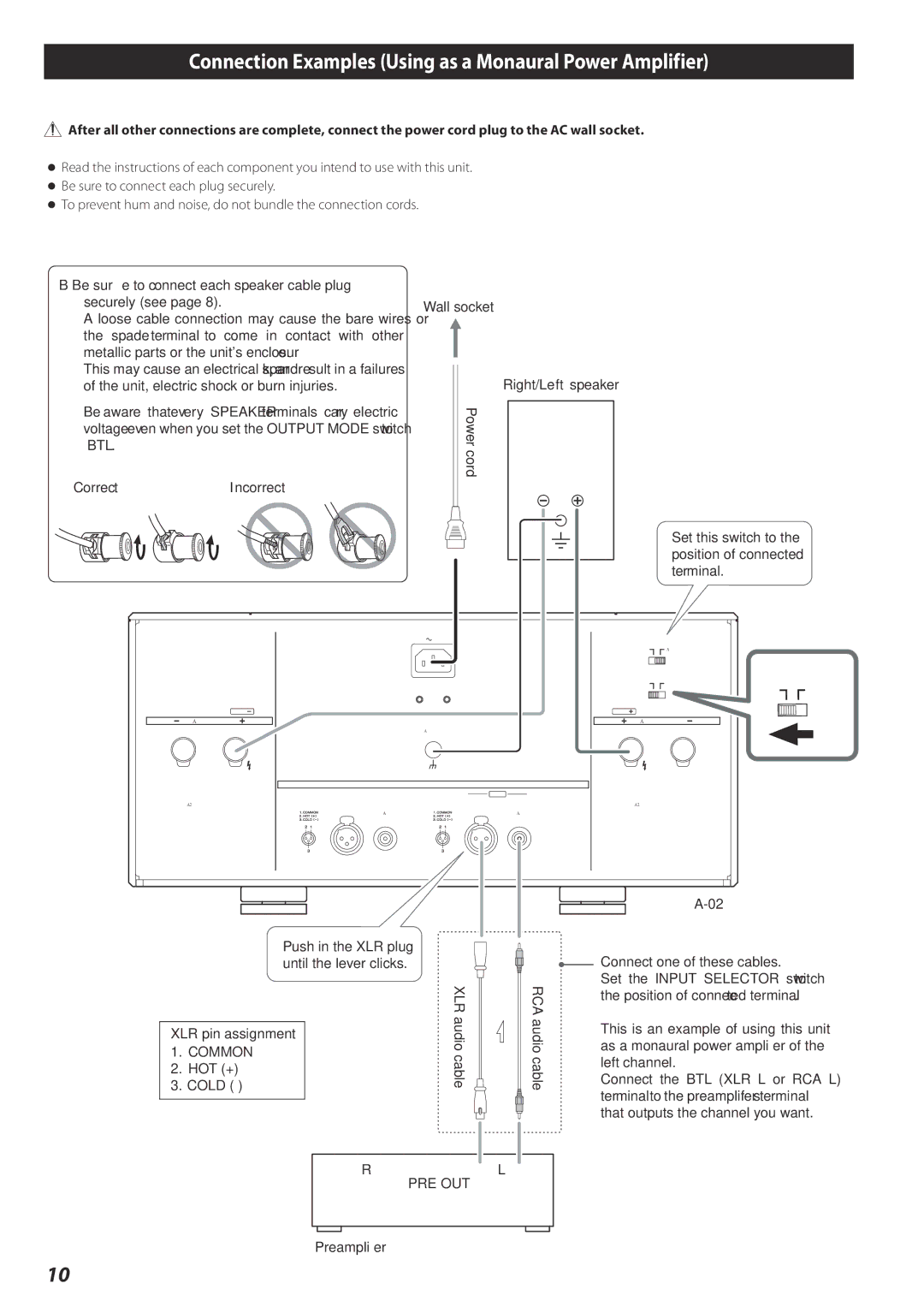 Esoteric A-02 Connection Examples Using as a Monaural Power Amplifier, CorrectIncorrect Wall socket Right/Left speaker 