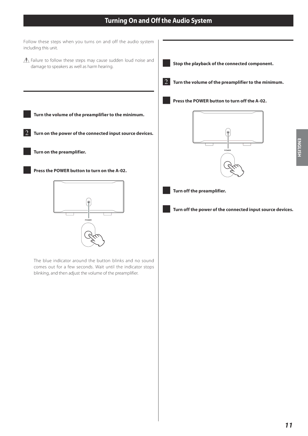 Esoteric A-02 owner manual Turning On and Off the Audio System, Turning on the audio system, Turning off the audio system 