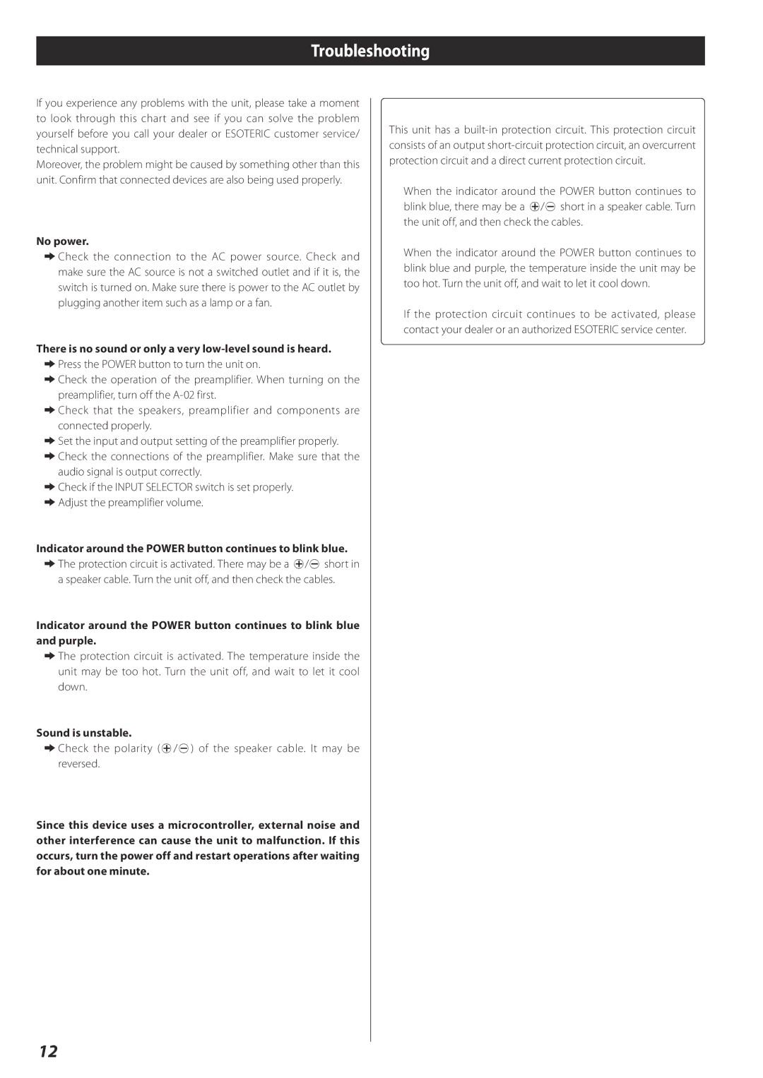 Esoteric A-02 owner manual Troubleshooting, Protection Circuit, No power, Sound is unstable 