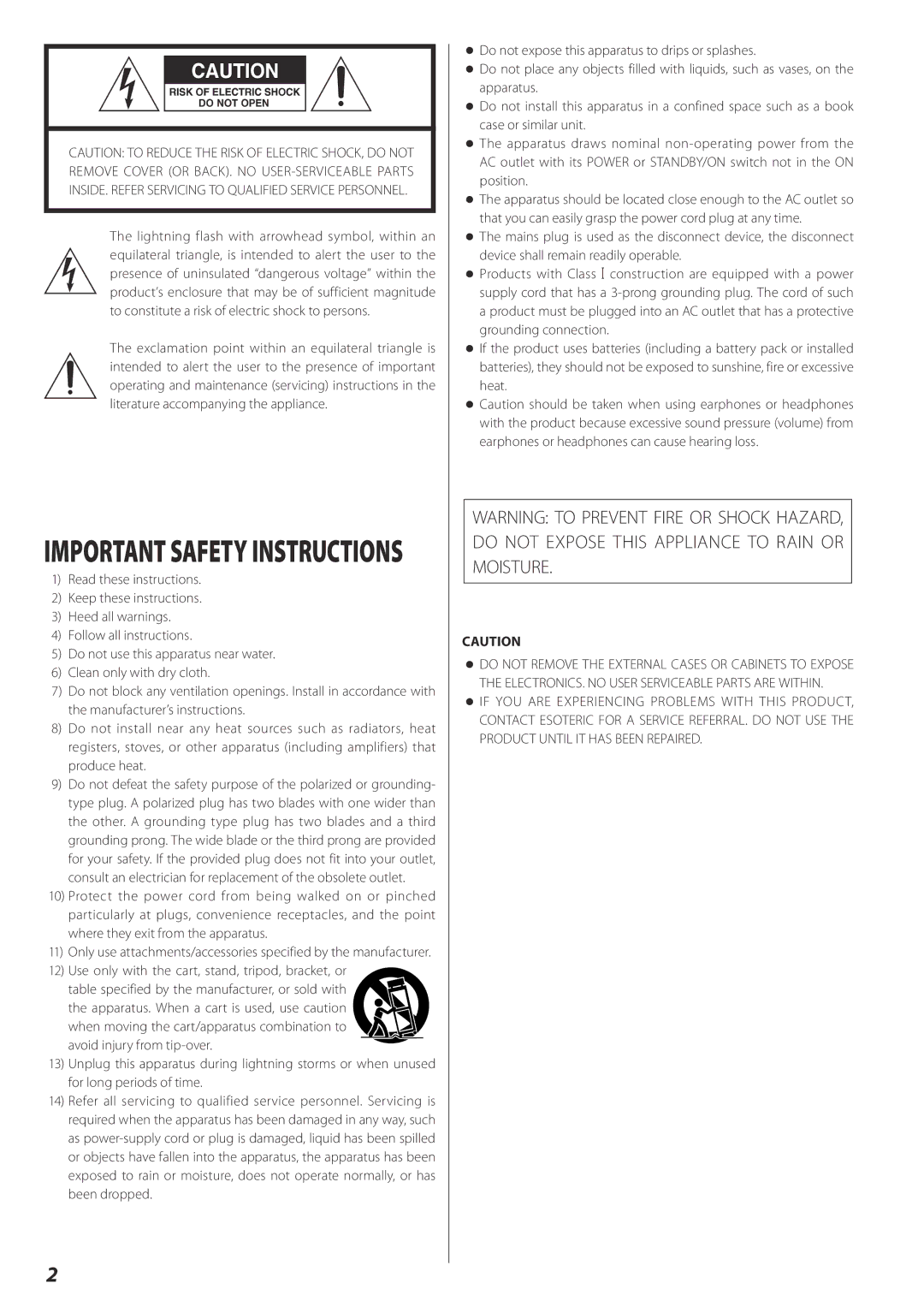 Esoteric A-02 owner manual Important Safety Instructions 